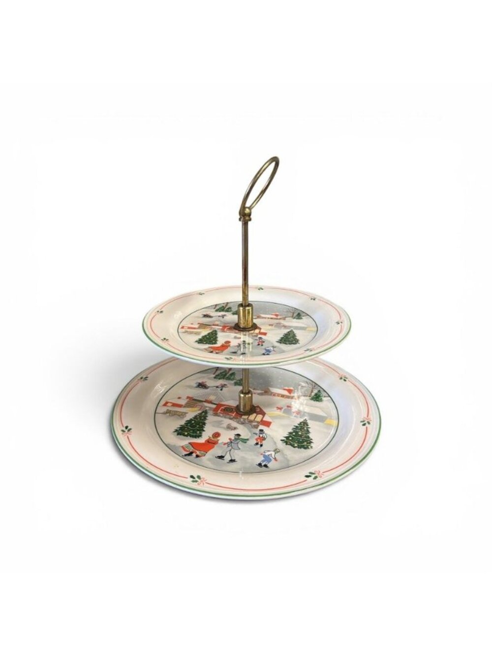 Sango Two-Tier Christmas Serving Tray With Brass Handle  - Silent Night 1986